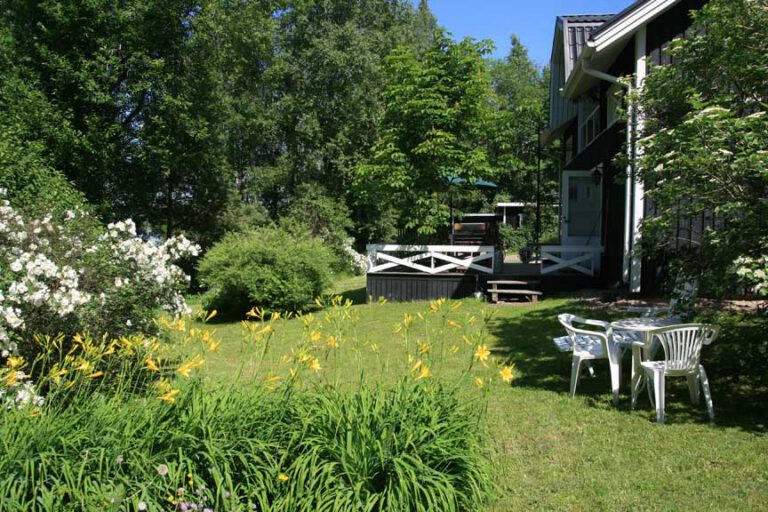 A flowering garden and lawn, with the cottage and garden furniture in the background.